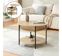 [en.casa] Mesa de Centro Kandas Mesa Baja Redonda con Tablero Elevable con Compartimento Interno y Estante Mueble Auxiliar Mesita para Salón 70 x 49 cm - Efecto Roble