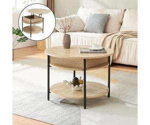 [en.casa] Mesa de Centro Kandas Mesa Baja Redonda con Tablero Elevable con Compartimento Interno y Estante Mueble Auxiliar Mesita para Salón 70 x 49 cm - Efecto Roble