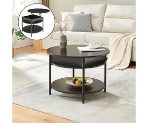 [en.casa] Mesa de Centro Kandas Mesa Baja Redonda con Tablero Elevable con Compartimento Interno y Estante Mueble Auxiliar Mesita para Salón 70 x 49 cm - Negro
