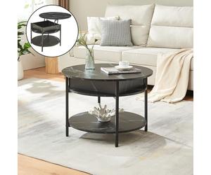 [en.casa] Mesa de Centro Kandas Mesa Baja Redonda con Tablero Elevable con Compartimento Interno y Estante Mueble Auxiliar Mesita para Salón 70 x 49 cm - Efecto mármol Negro