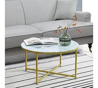 [en.casa] Mesa de Centro Mesa Auxiliar Redonda Uso Versátil Cristal Lacado/Acero 45 x Ø 80 cm Aspecto de Mármol Blanco/Dorado