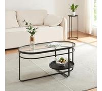 [en.casa] Mesa de Centro Ovalada con 1 Estante Redondo Mesa de Café para Salón Sala de Espera Despacho Diseño Industrial Metal Cristal Templado 90x43x46 cm - Negro y Transparente