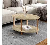 [en.casa] Mesa de Centro Ovalada Højreby con Estante y 4 Patas Mesa Auxiliar Mueble de Salón Oficina Aglomerado/Madera de Haya 43 x 70 x 44 cm - Travertino