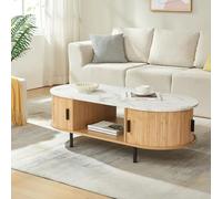[en.casa] Mesa de Centro Tvedestrand con Puertas Correderas Semicirculares Mesita de Salón con Compartimentos Cerrados y Abiertos Tablero Ovalada Bambú Metal 120x55x40cm - Mármol Blanco/Efecto Madera