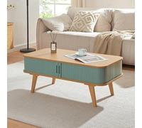 [en.casa] Mesa de Centro Tysvær con Puertas Correderas Elegante Mesa de Café con Tablero Rectangular Esquinas Redondeadas y Compartimentos Cerrados Bambú 100x50x40 cm - Natural/Azul