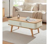 [en.casa] Mesa de Centro Tysvær con Puertas Correderas Elegante Mesa de Café con Tablero Rectangular Esquinas Redondeadas y Compartimentos Cerrados Bambú 100x50x40 cm - Natural/Blanco Crema