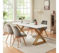 [en.casa] Mesa de Comedor Hujaari Mesa de Cocina Rectangular para 6 Personas con Base de Metal 180 x 80 x 75 cm - Efecto mármol Blanco/Dorado