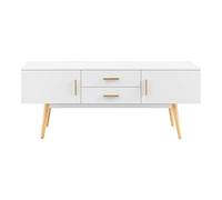 [en.casa] Mesa de Tele 140 x 40 x 56 cm Soporte de televisión Cómoda Mueble de salón para TV con 2 Puertas y Cajones Almacenamiento Patas de Madera Blanco