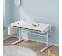 [en.casa] Mesa Escritorio Infantil Kuosa Regulable en Altura (54-76 cm) Mesa para Niños con Manivela Cajón Tablero Inclinable y Ganchos para Bolsa Mochila Aglomerado Acero 120 x 60cm - Gris/Blanco