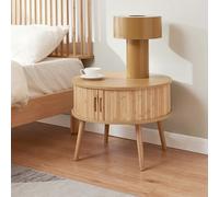 [en.casa] Mesilla de Noche Nordkapp en Forma Cilíndrica 1 Compartimento Cerrado Mesa de Noche con 2 Puertas Correderas Mesa Auxiliar para Oficina Sala Bambú Madera 45xØ60cm - Natural