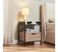 [en.casa] Mesita de Noche Belana Mesa Auxiliar Mesa de Sofá Multifuncional con Cajón y 1 Compartimento Abierto Elegante Aglomerado Metal 51 x 40 x 35 cm - Negro/Efecto Roble
