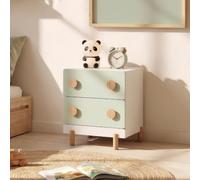 [en.casa] Mesita de Noche Infantil Vaarentaa 2 cajones 47x40x35 cm Verde | Cajonera mesa auxiliar para niños con compartimentos cerrados pomos redondos habitación infantil MDF/Pino Blanco Natural