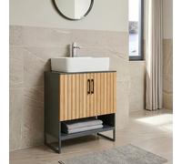 [en.casa] Mueble Bajo Lavabo Svanes con 2 Compartimentos Cerrados y 1 Abierto Mueble Auxiliar Baño Compacto 2 Puertas con Tiradores Bambú70 x 60 x 30 cm - Gris Oscuro/Natural