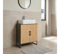 [en.casa] Mueble Bajo Lavabo Svanes con 3 Compartimentos Cerrados Mueble Auxiliar Baño Compacto 2 Puertas con Tiradores Bambú70 x 60 x 30 cm - Gris Oscuro/Natural