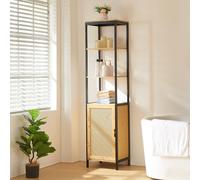 [en.casa] Mueble de Baño Alto con 3 Compartimentos Abiertos Estantería de Baño con Puerta Cuarto de Baño Cocina Dormitorio MDF Bambú Ratán 172x40x35 cm - Negro/Natural