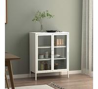 [en.casa] Mueble de Salón Aparador con 2 Estantes Mueble Auxiliar para Oficina Comedor con 2 Puertas de Cristal Templado y Acero 102 x 80 x 40 cm - Blanco y Transparente