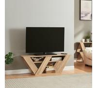 [en.casa] Mueble de TV 110 Mesa de TV con 2 Estantes para Dispositivos Multimedia Libros Fácil de Limpiar Original Diseño Trapezoidal Invertido Aglomerado 110x30x40 cm - Efecto Roble
