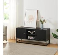 [en.casa] Mueble de TV Janakkala Mesa de Tele con 2 Compartimientos Cerrados 1 Estante Adicional Salida de Cables Aparador con 2 Puertas y Ranuras de Ventilación Acero 120 x 40 x 55 cm - Negro