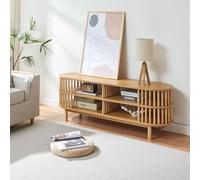[en.casa] Mueble de TV Jarvenpaa con 4 Compartimentos Diseño Abierto Mueble de Salón con Varillas Protectoras Base Firme Mesa para Tele con Tablero Ovalado Bambú 140x40x50 cm - Natural