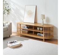 [en.casa] Mueble de TV Jarvenpaa con 4 Compartimentos Diseño Abierto Mueble de Salón con Varillas Protectoras Base Firme Mesa para Tele con Tablero Ovalado Bambú 150x48x50cm - Natural