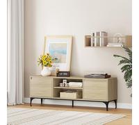 [en.casa] Mueble de TV Kistiandi con Pasacables Soporte de TV con 2 Compartimentos Abiertos y 2 Puertas Mesa Auxiliar para Centros Multimedia MDF 140 x 40 x 50 cm - Efecto Roble Claro y Negro