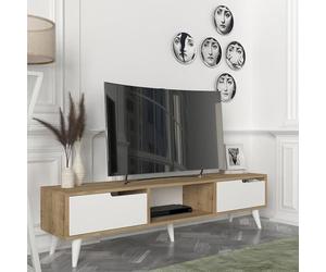 [en.casa] Mueble de TV Kullila Soporte de TV con 1 Compartimento Abierto y 2 Puertas Mesa Auxiliar para Centros Multimedia 160 x 35 x 40 cm - Efecto Roble/Blanco