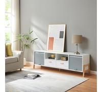 [en.casa] Mueble de TV Kvaefjord con 2 Puertas de Persiana 2 Cajones y 2 Compartimentos Abiertos Pasacables Mueble de Salón con 2 Pasacables Traseros Mesa TV MDF Bambú 160x40x52cm - Blanco Gris