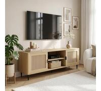 [en.casa] Mueble de TV Lukhomso con 2 Compartimentos Abiertos y 2 Compartimentos con Puertas Pasacables Mesa de TV Mueble de Salón Rectangular 5 Patas 152 x 40 x 54 cm - Efecto Roble/Efecto ratán
