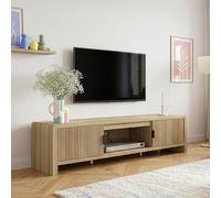 [en.casa] Mueble de TV Lukkodso 2 Puertas 150x40x40cm Efecto Roble Claro | Mesa de TV rectangular y pasacables mueble de salón dormitorio 1 compartimento abierto y 2 cerrados diseño ranurado