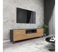 [en.casa] Mueble de TV Mesa de Televisión para Sala Dormitorio Soporte con 3 Puertas Abatibles Dormitorio Aglomerado 140 x 30 x 46 cm - Antracita y Efecto Roble