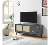 [en.casa] Mueble de TV Susa con 2 Puertas Corredoras de Mimbre Sintético (Polirratán) y 2 Cajones Mesa de TV Mueble de Salón Tablero Rectangular MDF Patas de Pino 160 x 40 x 65 cm - Gris