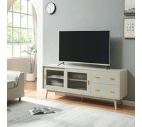 [en.casa] Mueble de TV Susa con 2 Puertas Corredoras de Vidrio y 2 Cajones Mesa de TV Mueble de Salón Tablero Rectangular MDF Patas de Pino 160 x 40 x 65 cm - Beige