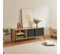 [en.casa] Mueble de TV Tysnes con 2 Compartimentos Abiertos y un Compartimento con 2 Puertas Correderas Mesa de Tele para Salón Aglomerado Metal 120 x 40 x 45 cm - Efecto Roble/Negro