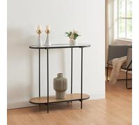 [en.casa] Mueble Recibidor Consola Mesa de Entrada en Forma Ovalada con Estante Adicional Decorativo Estructura Metálica MDF Cristal 80 x 80 x 30 cm - Negro Transparente Efecto Roble