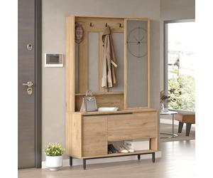 [en.casa] Mueble Recibidor Vesanto Perchero de Pie Recibidor De Entrada con Zapatero Puerta de Espejo 2 Compartimentos Cerrados y 1 Abierto Aglomerado 178x112x36 cm - Efecto Roble y Negro