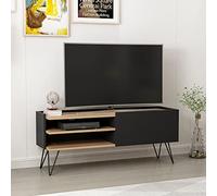 [en.casa] Mueble TV con Apertura de Cable Mesa Tele con 2 Estantes Patas de Horquilla Metal/Aglomerado 50 x 124 x 37 cm Negro/Efecto Madera