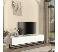 [en.casa] Mueble TV Verpsboga Frente Ranurado en 3D con Puertas Abatibles Mueble de Salón Mesa TV con 2 Compartimentos Cerrados Aglomerado Base Metálica Larga 180 x 32 x 47 cm - Blanco