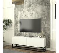 [en.casa] Mueble TV Verpsboga Frente Ranurado en 3D con Puertas Abatibles Mueble de Salón Mesa TV con 2 Compartimentos Cerrados Aglomerado Base Metálica Larga 135 x 32 x 47 cm - Blanco