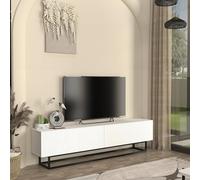 [en.casa] Mueble TV Verpsboga Frente Ranurado en 3D con Puertas Abatibles Mueble de Salón Mesa TV con 2 Compartimentos Cerrados Aglomerado Base Metálica Corta 180 x 32 x 47 cm - Blanco