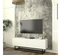 [en.casa] Mueble TV Verpsboga Frente Ranurado en 3D con Puertas Abatibles Mueble de Salón Mesa TV con 2 Compartimentos Cerrados Aglomerado Base Metálica Corta 135 x 32 x 47 cm - Blanco