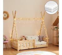 [en.casa] [Neu.Haus Cama para niños de Pino con Colchón de Espuma fría con Reja Seguridad 140x70cm Cama Infantil Tipi Carpa Indio - Natural
