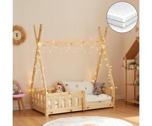 [en.casa] [Neu.Haus Cama para niños de Pino con Colchón de Espuma fría con Reja Seguridad 140x70cm Cama Infantil Tipi Carpa Indio - Natural