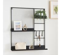 [en.casa] Panel de Rejilla Mural con 2 Estantes 3 Ganchos y 1 Caja Tablero recordatorio para Notas Listas de Tareas Fotos para Cocina Oficina Multifuncional Metal 70 x 60 x 11 cm - Negro