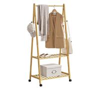 [en.casa] Pechero Burro con Ruedas 2 Estantes 1 Barra 4 Ganchos para Recibidor Dormitorio Tiendas de Ropa Organizador al Baño Zapatero Bambú 152 x 70 x 43 cm - Color Natural