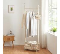 [en.casa] Perchero Burro con 4 Ruedas 1 Barra 1 Cesto 4 Ganchos Soporte de Ropa Móvil para Dormitorio Vestidor Entrada Baño Estable Acero 175 x 60 x 32 cm - Blanco