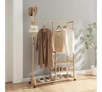 [en.casa] Perchero Burro con 5 ruedas 1 Barra 6 Perchas para Sombrero 3 Estantes para Zapatos Bolsos Accesorios Dormitorio Vestidor Estable Bambú 176x100x38 cm - Natural