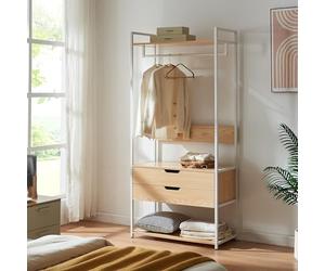 [en.casa] Perchero Burro Larem de Estructura Metálica con Barra y Estante Superior Burro Ropa con 1 Compartimento Abierto 2 Cajones Armario para Entrada 180 x 84 x 40 cm - Efecto roble