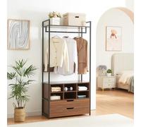 [en.casa] Perchero Burro Larem de Estructura Metálica con Barra y Estante Superior Burro Ropa con 6 Compartimentos Abiertos 2 Cajones Armario para Entrada MDF 180 x 84 x 40 cm - Efecto Nogal