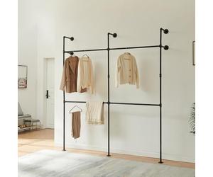 [en.casa] Perchero de Pared Kenävatka Armario Abierto de 2 Niveles con 4 Barras Estructura de Metal Vestidor Dormitorio Industrial 222 x 201 x 31 cm Acero - Negro