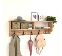 [en.casa] Perchero Mural Mueble de Entrada con 5 Ganchos Triples y 2 Compartimientos para Recibidor Aglomerado/Plástico 120 x 22 x 37 cm - Efecto Roble